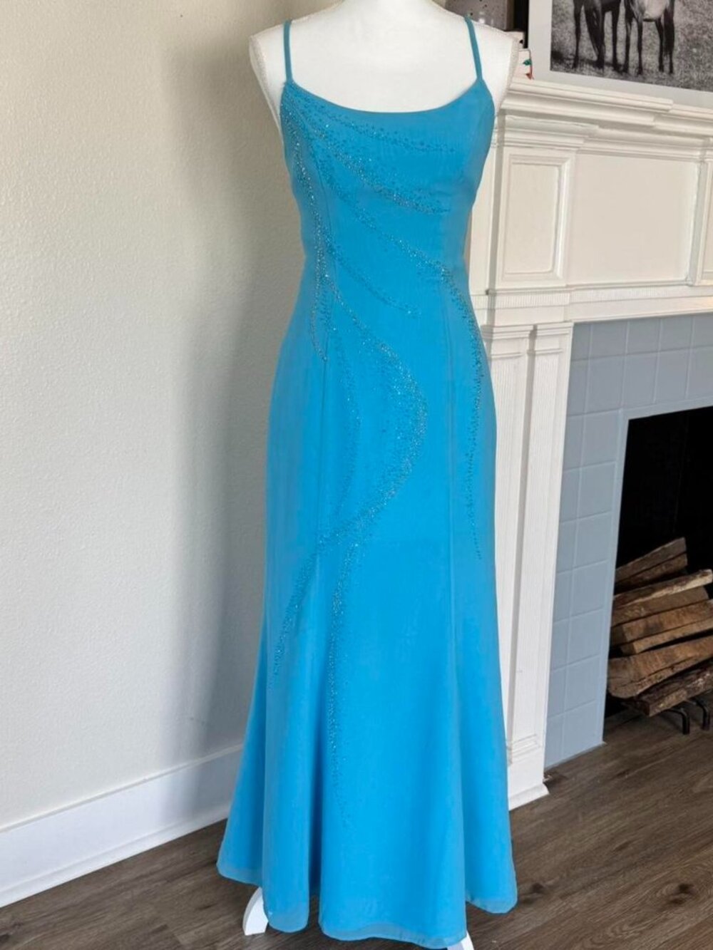 Y2K Blue Beaded Formal Gown Size 4 Lace-Up Back